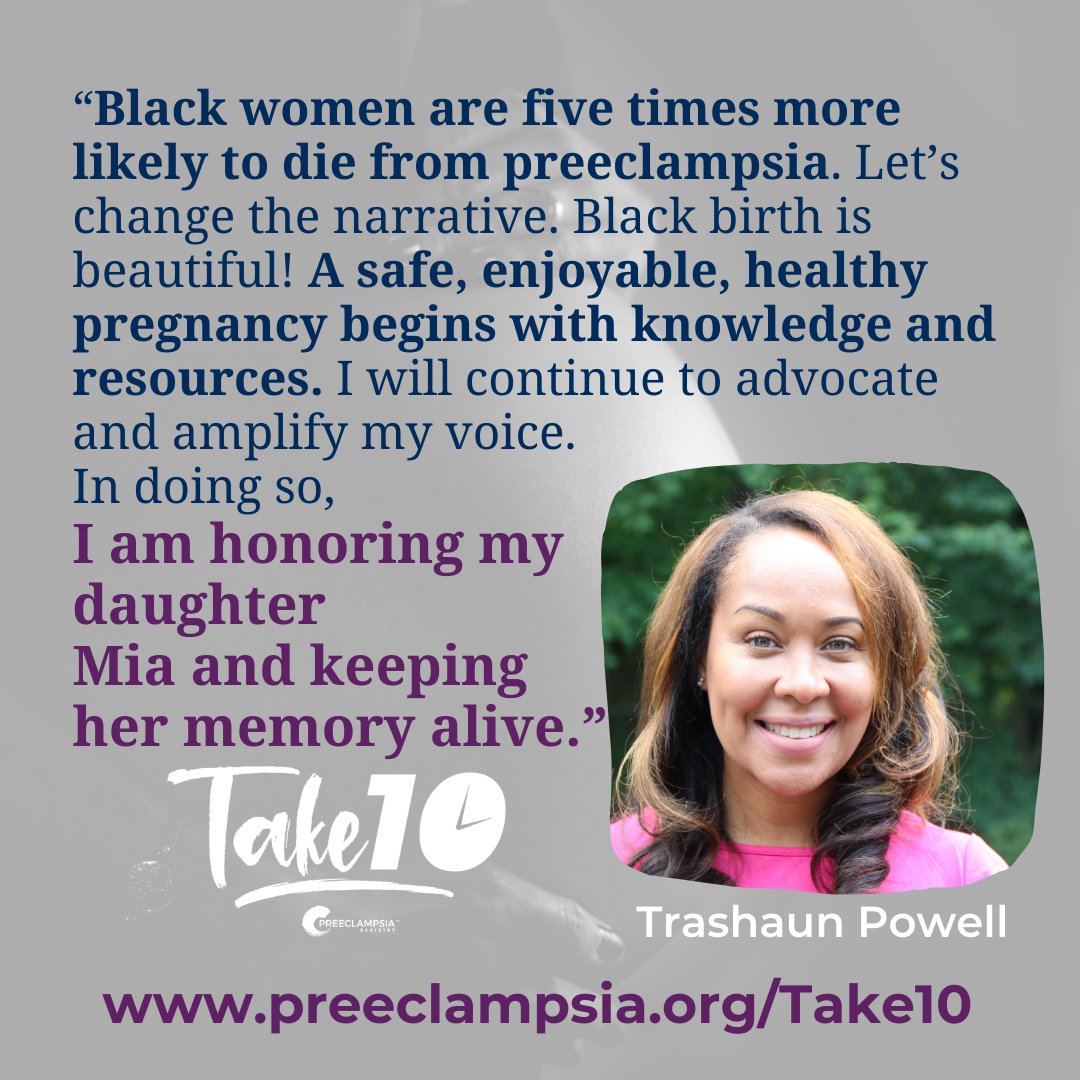 Trashaun Powell is one of our Take 10 Ambassadors who shares her story with #HELLPsyndrome #infantloss “Black women are five times more likely to die from preeclampsia. Let’s change the narrative.'
preeclampsia.org/take10
#BMHW24 #BlackMamasMatter #BlackMaternalHealthWeek