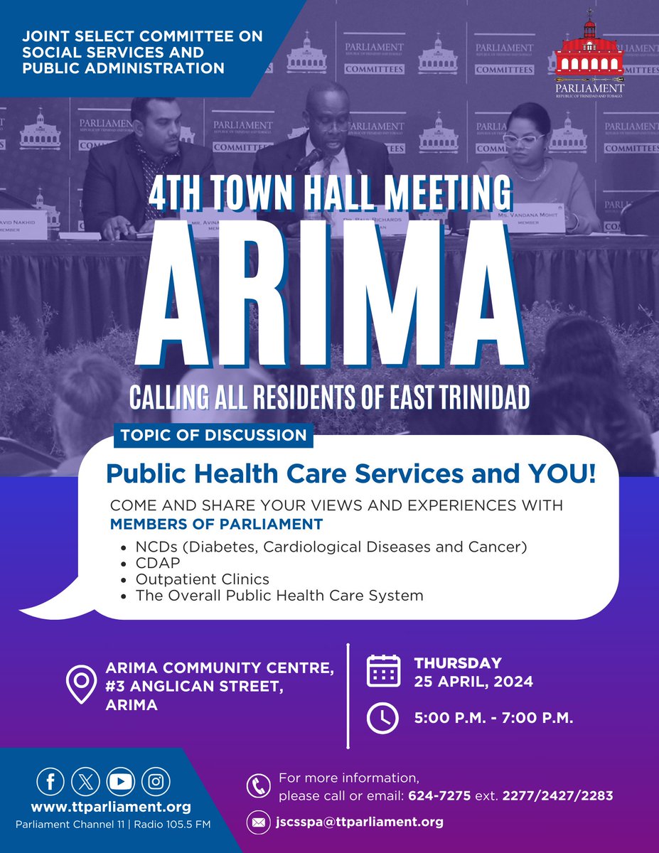 🗣OUR 4th TOWN HALL MEETING IS TODAY!! 🏢 Join us at 5:00 p.m. at the Arima Community Centre. Share your thoughts and experiences with us on 'Public Health Care Services and YOU!'. Don't miss this opportunity! You can also view on ParlView: youtube.com/live/teqD2WRhw… #JSCSSPA