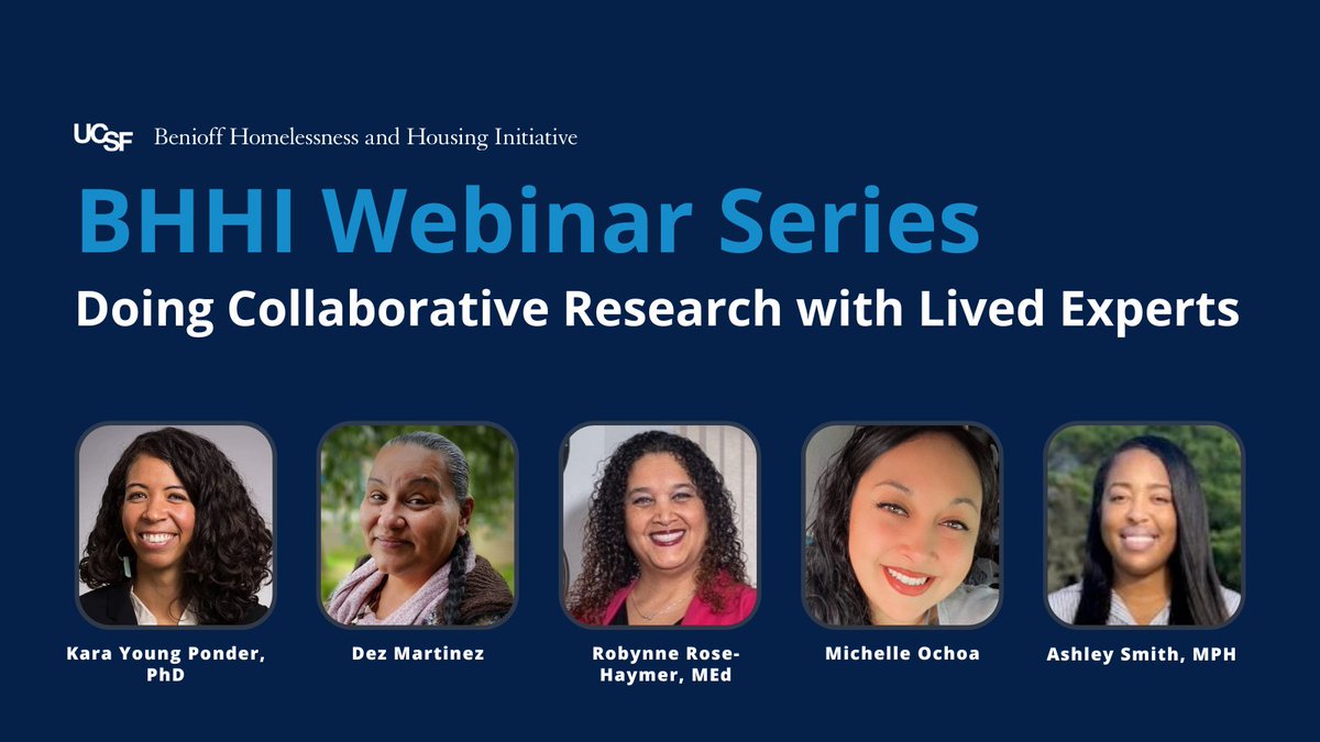 Happening today! Join BHHI staff & Lived Expertise Board members to learn: ➡️ How they conducted #CASPEH research together ➡️ How to form meaningful lived expertise partnerships 🗓️Apr 17 | 12-1PM PDT Toolkit: homelessness.ucsf.edu/resources/tool… Webinar: homelessness.ucsf.edu/calendar/doing…