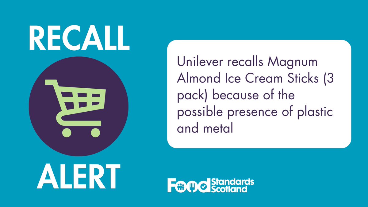 Recall Alert: Unilever is recalling Magnum Almond Ice Cream Sticks, (3x100ml), because of the possible presence of plastic and metal which makes the product unsafe to eat. For more information, visit the following link: bit.ly/49HXNQK