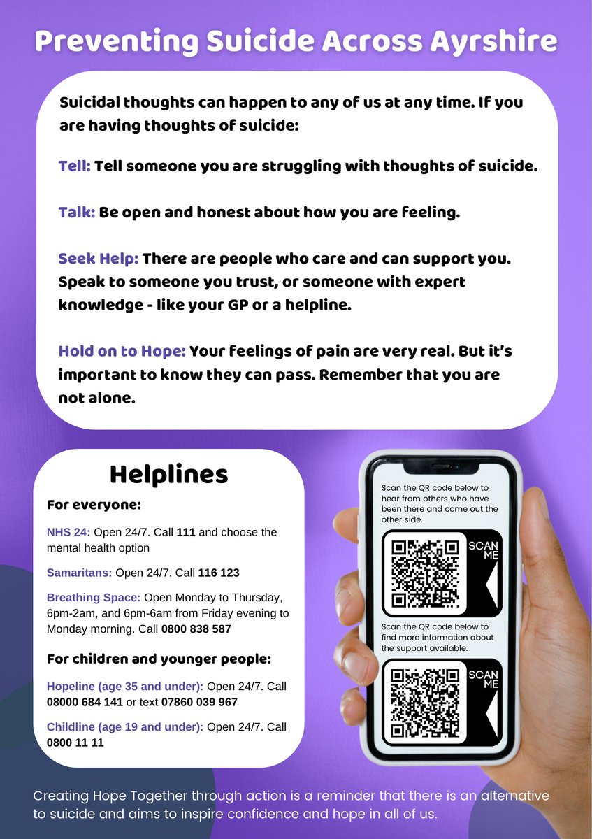 Suicidal thoughts can happen to any of us at any time. If you are having thoughts of suicide – Tell, Talk, Seek Help and Hold on to Hope. To find out more, visit 👇 tinyurl.com/muzzx8hn #UnitedToPreventSuicide #creatinghopetogether #SuicidePrevention