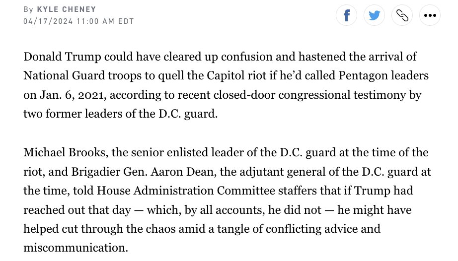 NEW: Two witnesses testifying today about the DC National Guard response to Jan. 6 told House investigators privately last month that if Donald Trump had called Pentagon leaders that day, it might have hastened the guard's arrival at the Capitol. politico.com/news/2024/04/1…