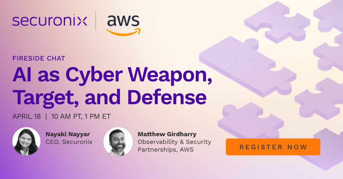 🚨 Final Call to Register! Join us tomorrow for a Fireside Chat with @Securonix’s CEO Nayaki Nayyar and AWS’ Matt Girdharry on AI as a Cyber Weapon, Target and Defense 🔥🌐Register now to learn more about how to stay one step ahead of AI-powered attacks: sc.securonix.com/u/v2PzW7