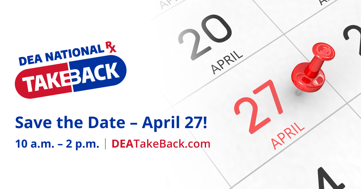 #TakeBackDay is a free event for communities nationwide to properly dispose of old and unneeded medications safely and anonymously. on Saturday, April 27th, from 10am-2pm bring those old and unneeded medications to a collection site near you: hubs.li/Q02rJTjS0 @DEAHQ
