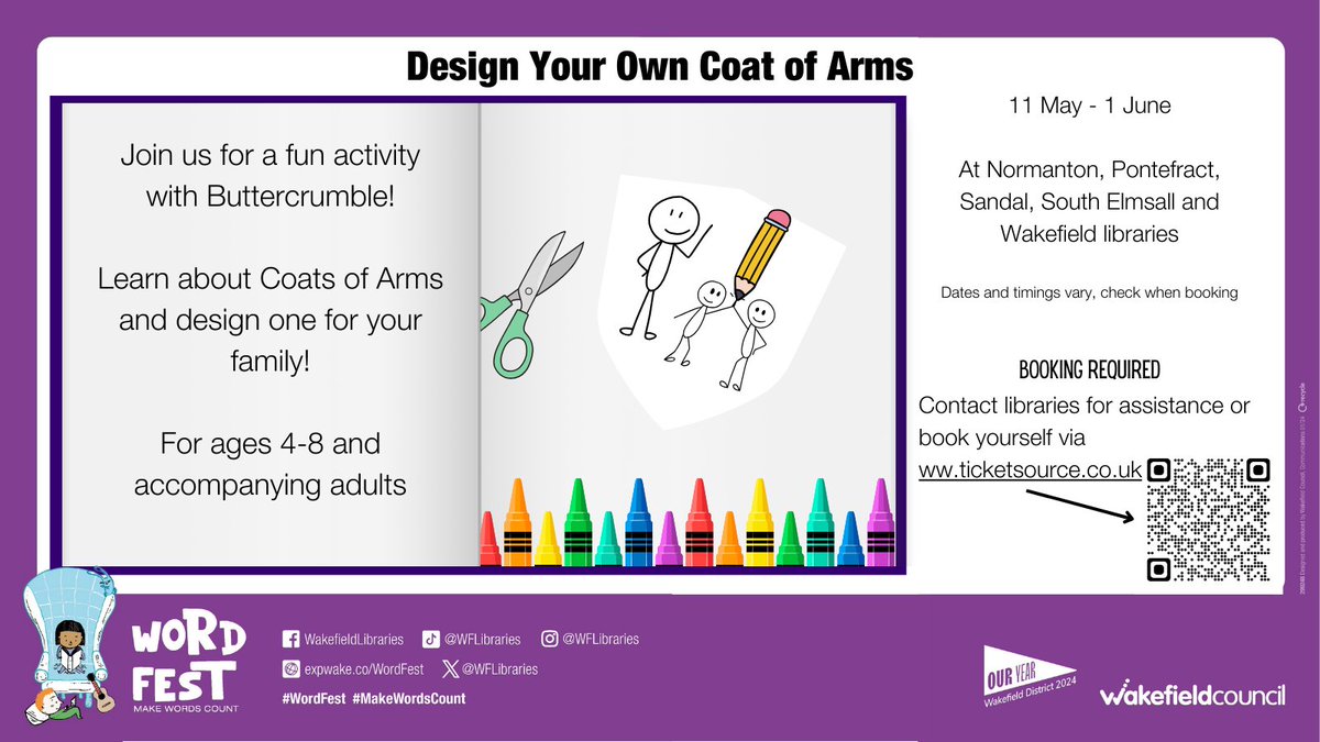 🛡️✏️Design a coat of arms for your family with @Buttercrumble! 📅⏰dates and times vary, check when booking 📍Normanton, Pontefract, Sandal, South Elmsall and Wakefield libraries To book visit: ticketsource.co.uk/whats-on?q=des… @mywakefield @ouryear2024 @sparkwakefield @wakeymumbler