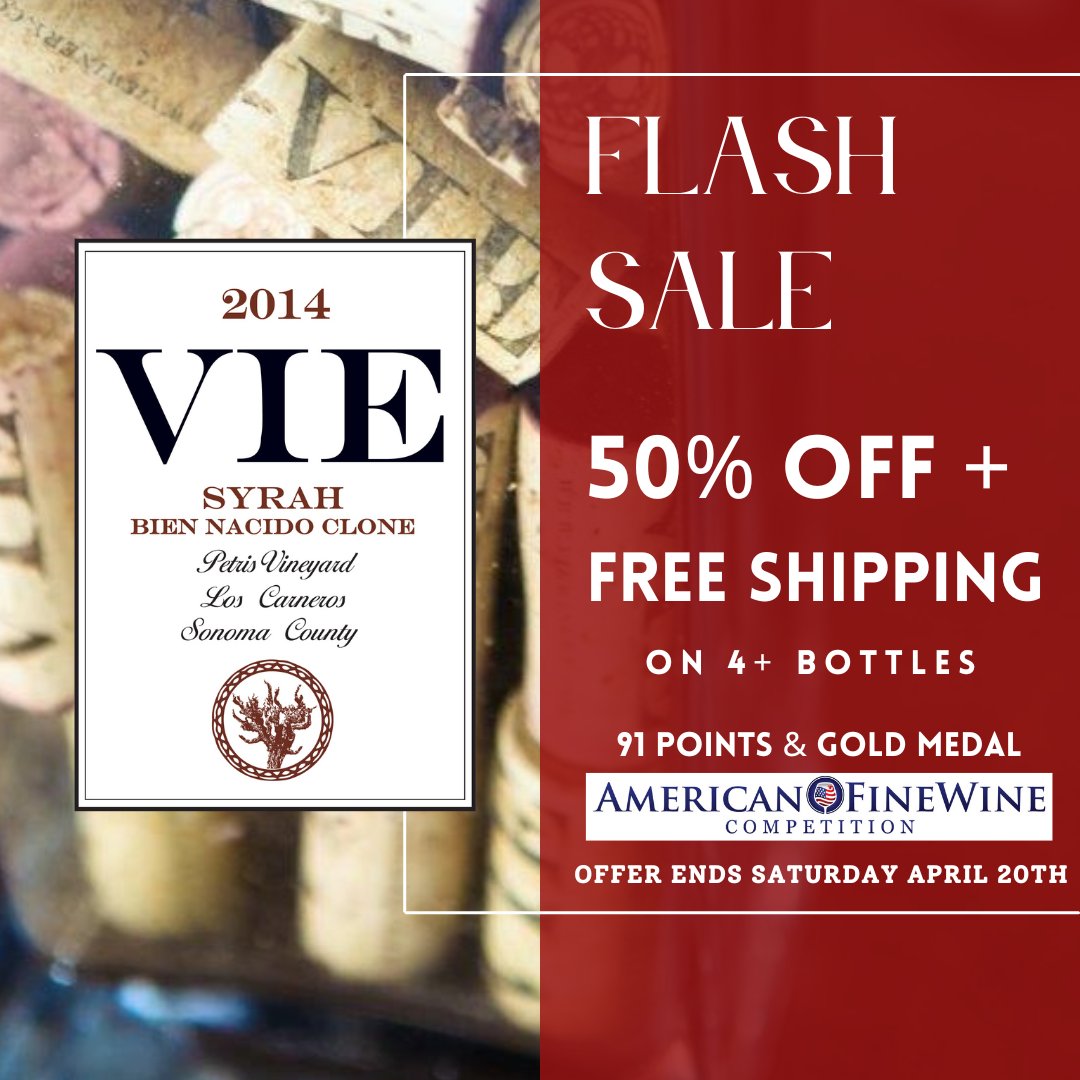 VieWinery's tweet photo. REMINDER: 50% OFF &amp; FREE Ground Shipping on a 4 bottle pack of our 2014 VIE Petris Vineyard, Bien Nacido Clone Syrah from the Los Carneros region in Sonoma, awarded 91pts &amp; Gold Medal from American Fine Wine Competition! Offer ends Sat Apr 20th. Buy now: https://t.co/v2TQe13tZH https://t.co/IXwhMebNNt