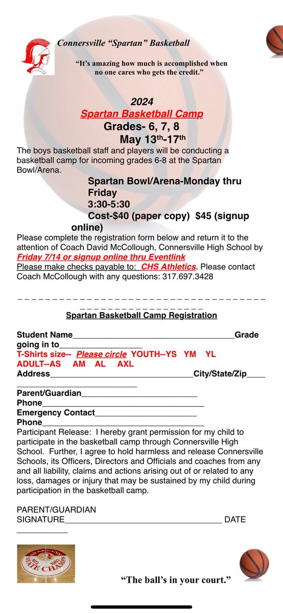 Please see attached forms for our upcoming Spartan Basketball camps! For more info please feel free to reach out and also please SHARE!