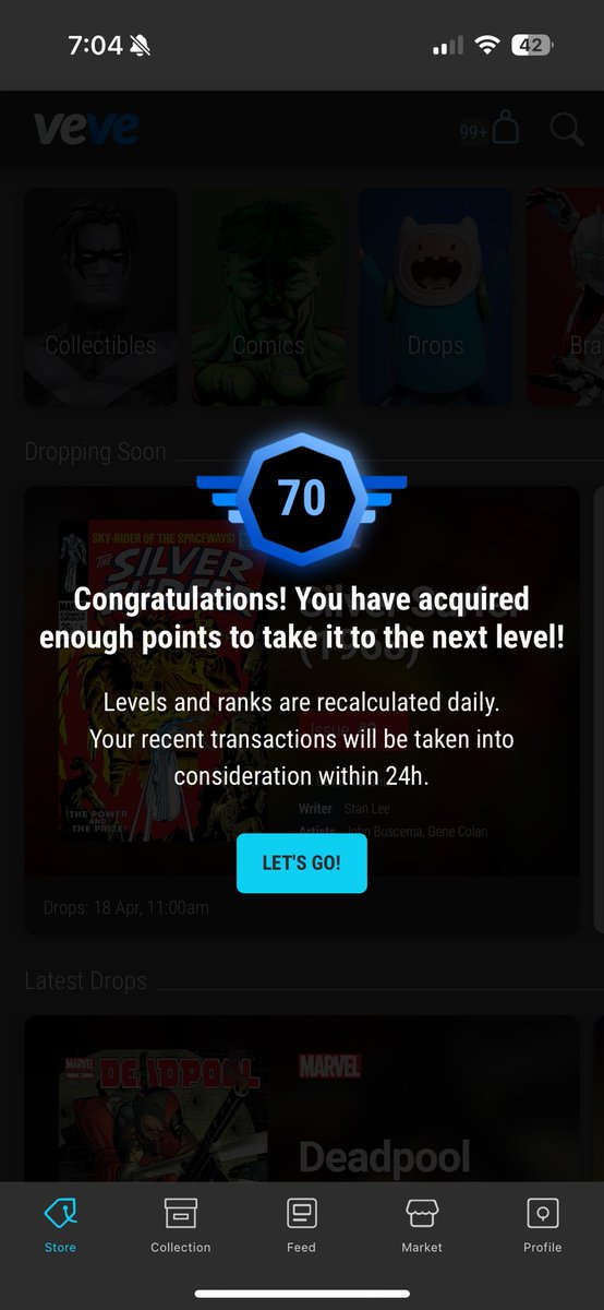I reached level 70 in the @veve_official Master Collector Program last night 🥳 At my current rate of accumulation, I would hit level 100 in ~1,152 days, or just over 3.1 years 🤯 The fact that there are already collectors at lvl 100 is incredible, and I tip my cap to you 🤝