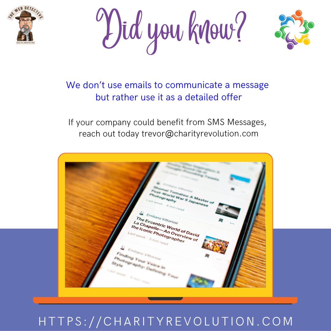 Time to share some stats on using SMS Text Messaging.

Reach out to Trevor to find out how you can add SMS Messages to your marketing process.

#YourWebDetective #CharityRevolution #SMSMessages #ProgressiveWebApps #WebsiteAccessibility