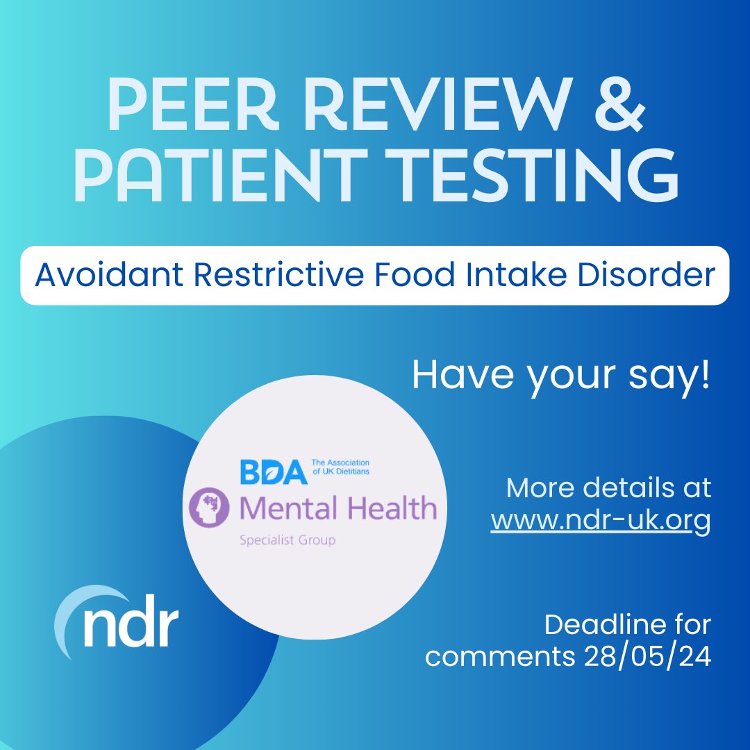 We are pleased to be working with @Dietitians_MHG to develop a new resource to support people with ARFID. Out now for peer review & patient feedback, visit rb.gy/bfxfxh for further details & to view the draft. Deadline for comments is 28/05/24.