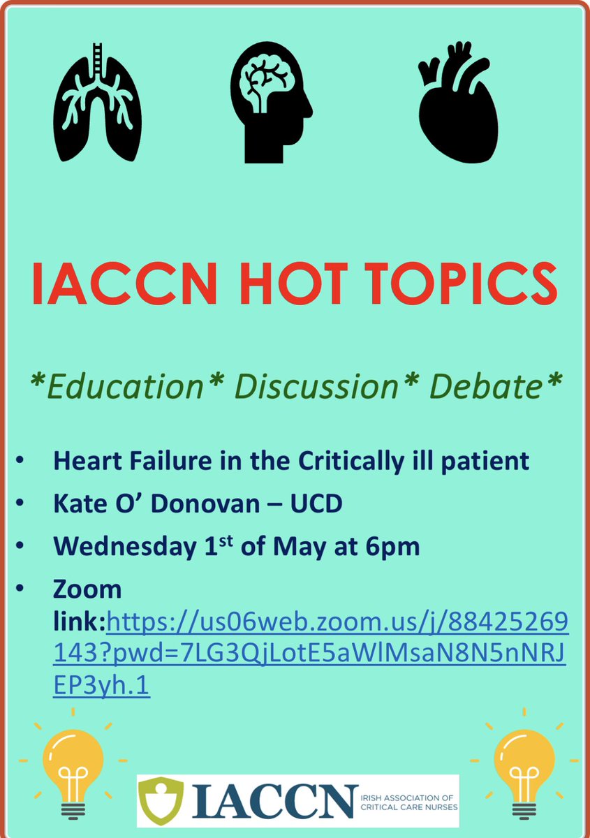 Our next Hot Topics will take place on 1st May at 18:00. We are delighted to welcome Kate O’Donovan from @ucdsnmhs to discuss heart failure in the critically I’ll patient. Link to join: us06web.zoom.us/j/88425269143?…