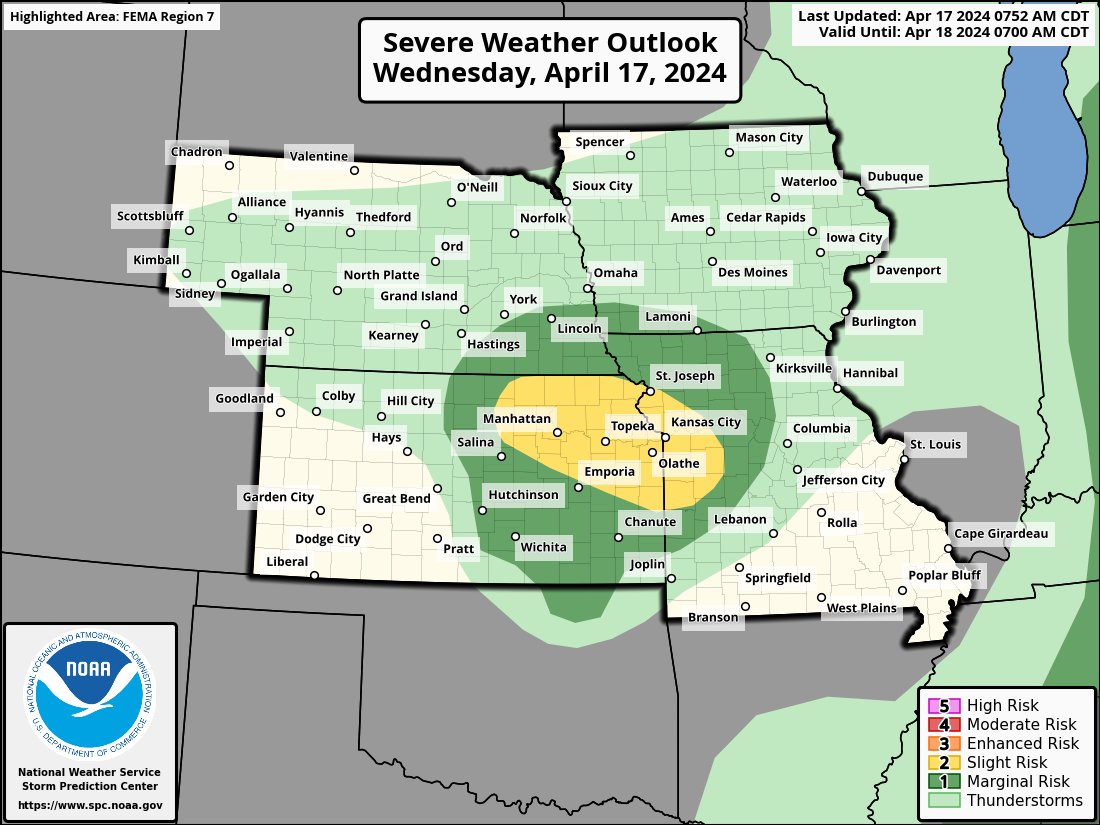 NWS's tweet photo. Scattered thunderstorms capable of producing damaging winds, large hail, and a few tornadoes should develop across parts of the Ohio Valley and Lower Great Lakes this afternoon. Thunderstorms with mainly a large hail threat may occur tonight over parts of the central Plains. Visit https://t.co/qk3BcVP5M8 for more.