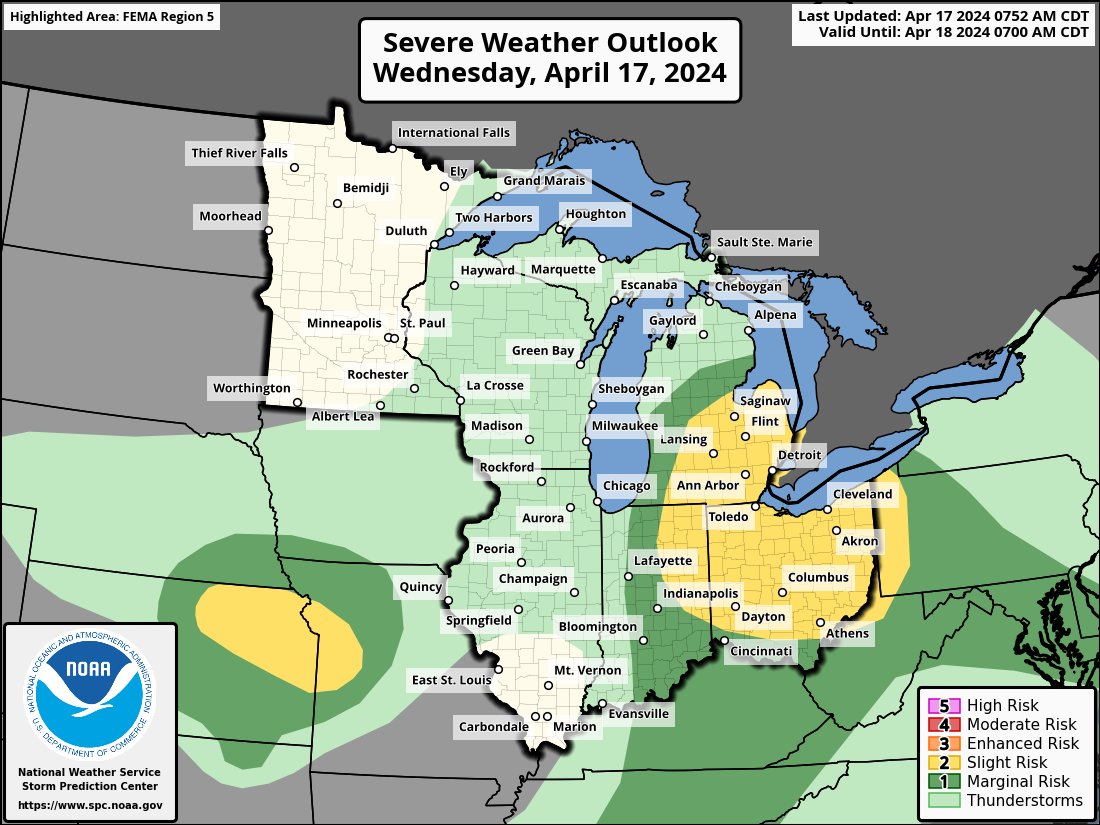 NWS's tweet photo. Scattered thunderstorms capable of producing damaging winds, large hail, and a few tornadoes should develop across parts of the Ohio Valley and Lower Great Lakes this afternoon. Thunderstorms with mainly a large hail threat may occur tonight over parts of the central Plains. Visit https://t.co/qk3BcVP5M8 for more.