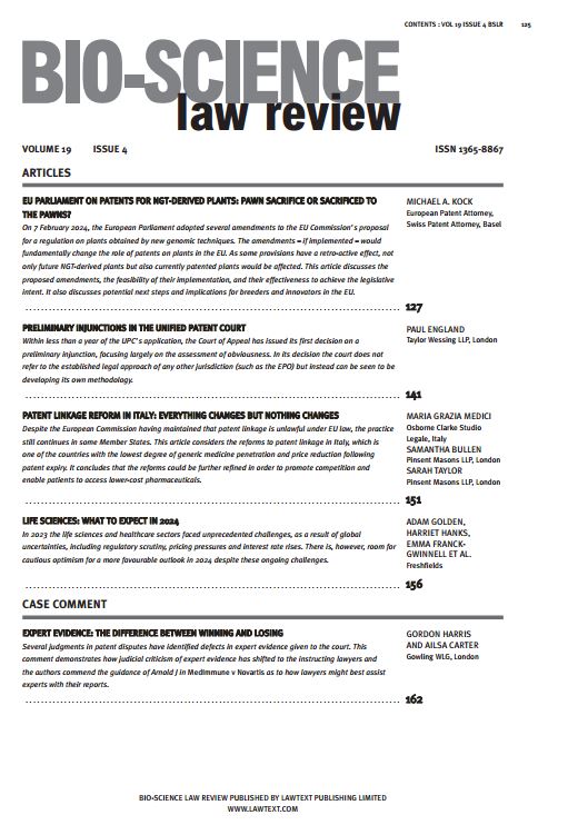 Bio-Science Law Review Vol 19 Issue 4 – subscriptions see lawtext.com
#BSLR #lifesciences #IPlaw #Patentlaw #SPCs #GMOs #UPC #Intellectualproperty