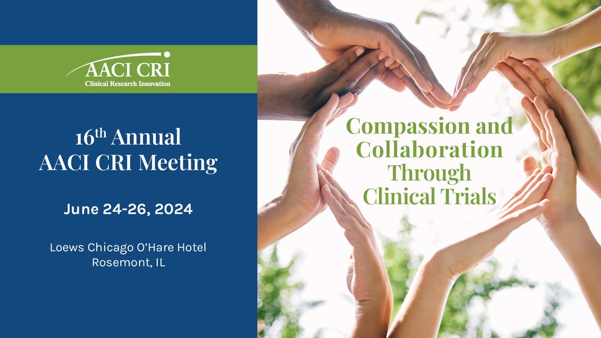 We are pleased to announce the 16th Annual AACI Clinical Research Innovation (CRI) Meeting on June 24-26, at the Loews Chicago O'Hare Hotel in Rosemont, IL. To register, please visit bit.ly/3UjTNRN #CRI2024 #compassion #collaboration #ClinicalTrials #ClinicalResearch