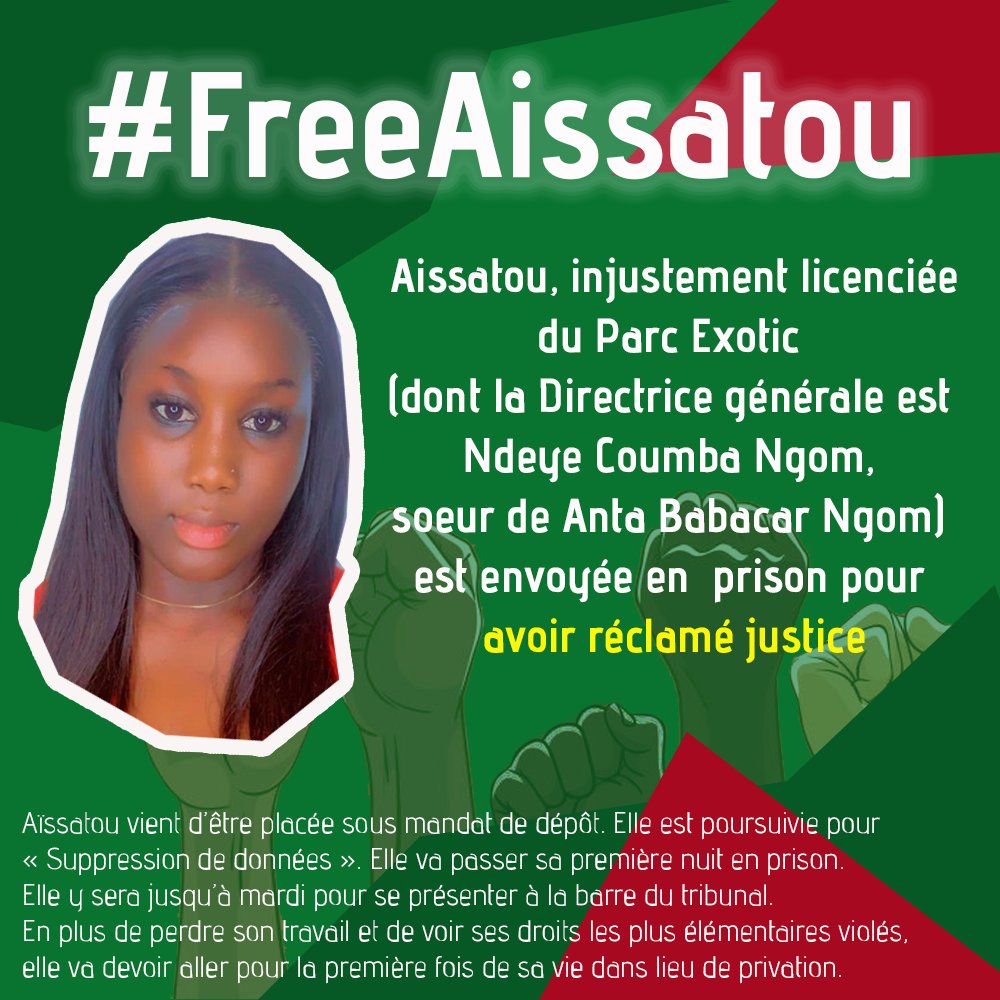 🗣️Justice pour Aïssatou ✊🏿
🗣️Justice pour tous ✊🏿

@DiomayeFaye
@SonkoOfficiel 

#FreeAissatou 
#FreeSenegal