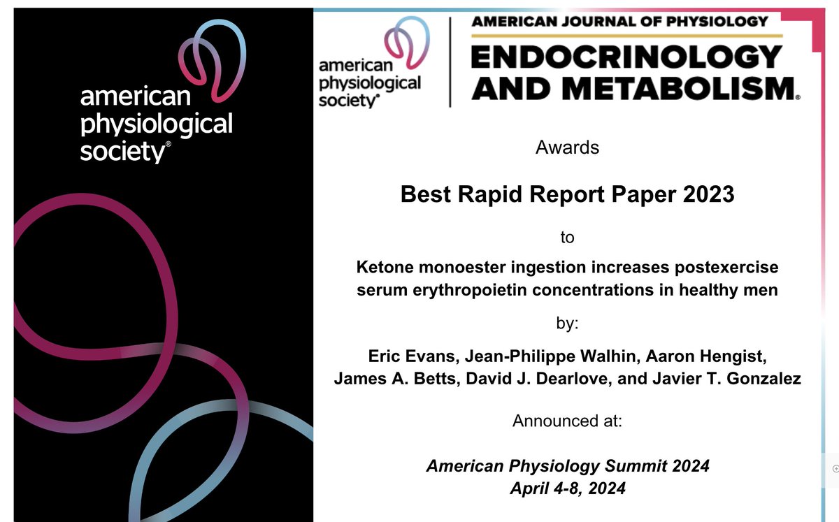 Congratulations to Dr. Javier T. Gonzalez and co-authors for winning the #AJPEndoMetab best Rapid Report article! 🏆 @bearevans_ @gonzalez_jt #APS2024 #WeArePhysiology #Ketones #Erythropoeisis #Recovery #Exercise