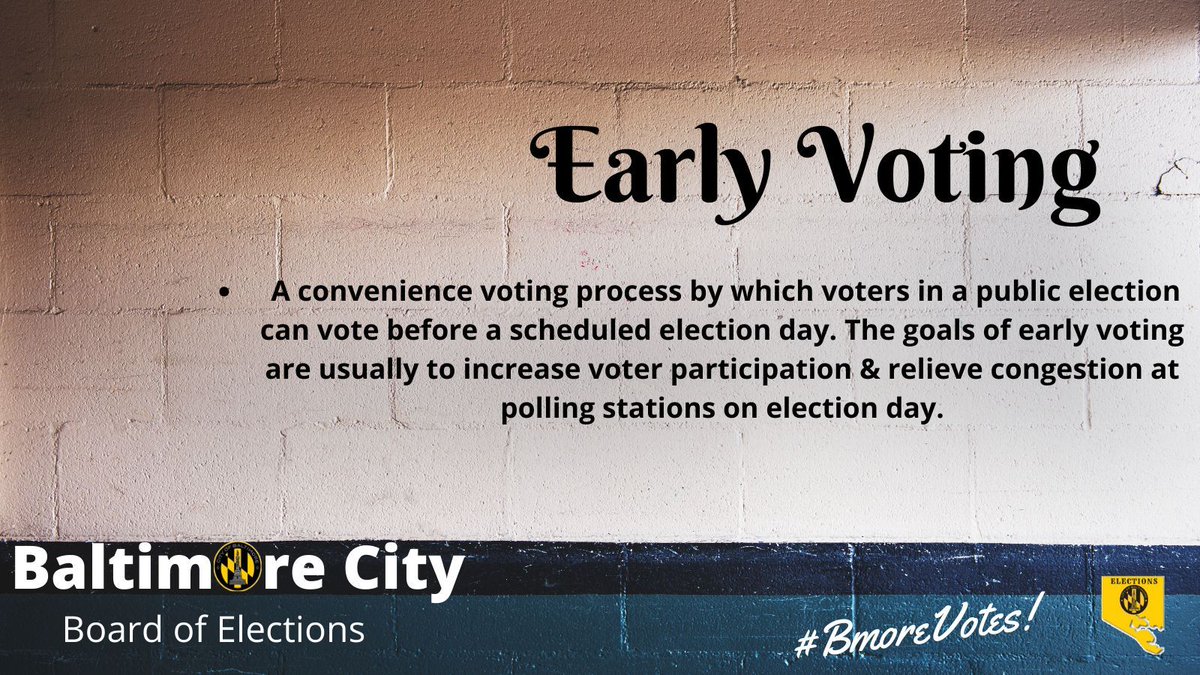 Early voting starts on May 2nd and ends on May 9th.  Hours are from 7am-8pm.

#BaltimoreCity added an additional Early Voting site for a total of 8!

Get all eight locations along with its addresses here: bit.ly/48a8ZVh 

#BmoreVotes #MDVotes2024 #Election2024