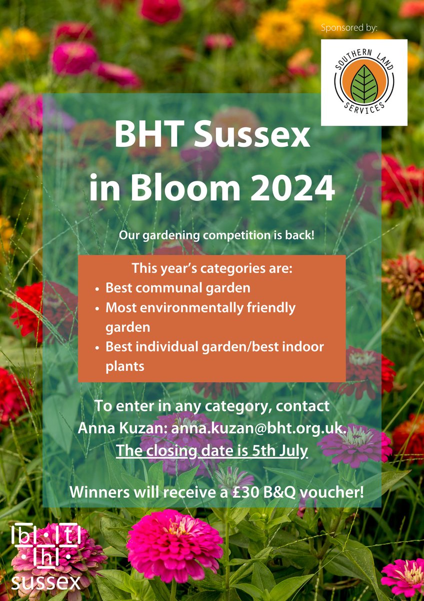 BHT Sussex in Bloom is back for 2024 🌼 Every year we run a gardening competition for our clients and tenants who get to show off their green fingers 🌱 Enter now by emailing Anna and you could win a £30 B&Q voucher 🌷 See below for more info ⬇️