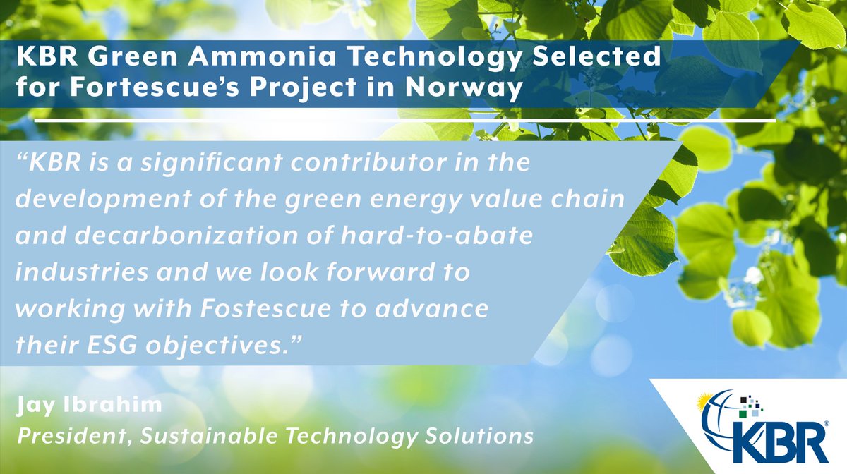 #KBR is pleased to support Fortescue's Holmaneset green energy project in Norway with its innovative green ammonia technology, K-GreeN®. KBR will provide a technology license, proprietary engineering designs, and front-end engineering design support services for the new 675…
