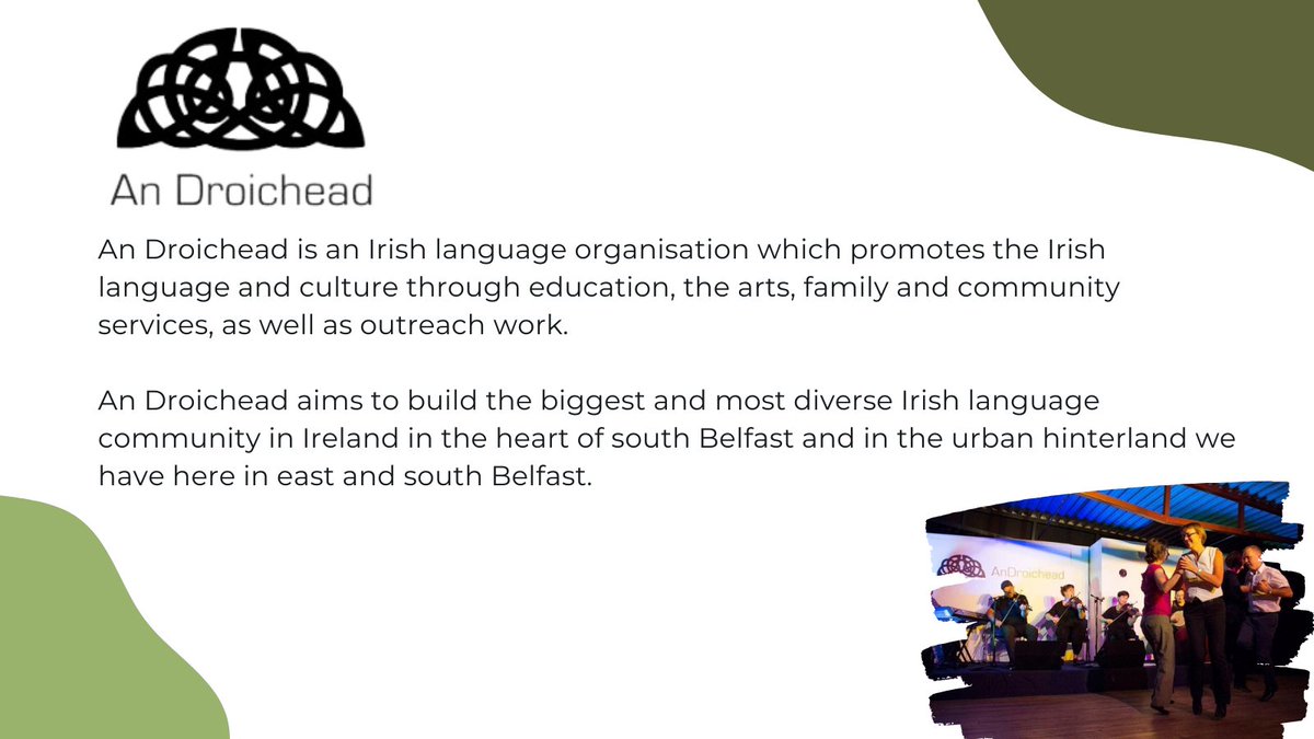 @foramnanog @FisanPhobail @crogallmorglas @CairdeTuras @ErvineLinda 🤩 Cuirigí aithne ar @an_droichead 📍 Deisceart Bhéal Feirste | South Belfast ✨ An Droichead inspires people to use an Ghaeilge in their everyday life trí shuim a chothú sa teanga i measc pobail úra agus tríd an gheilleagar sóisialta Gaeilge a neartú.