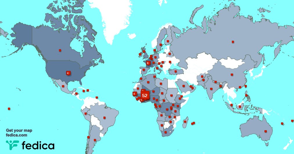 Merci beaucoup à mes 2 nouveaux abonnés qui vivent en: Bénin la semaine dernière. fedica.com/!MinataCoul