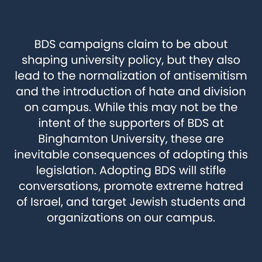 Last night was a difficult night for me and my fellow Jewish students at Binghamton University. The Student Association (SA) Congress passed a BDS resolution which is anti-Israel and antisemitic. 

The Jewish community will remain united and strong despite this harmful action.