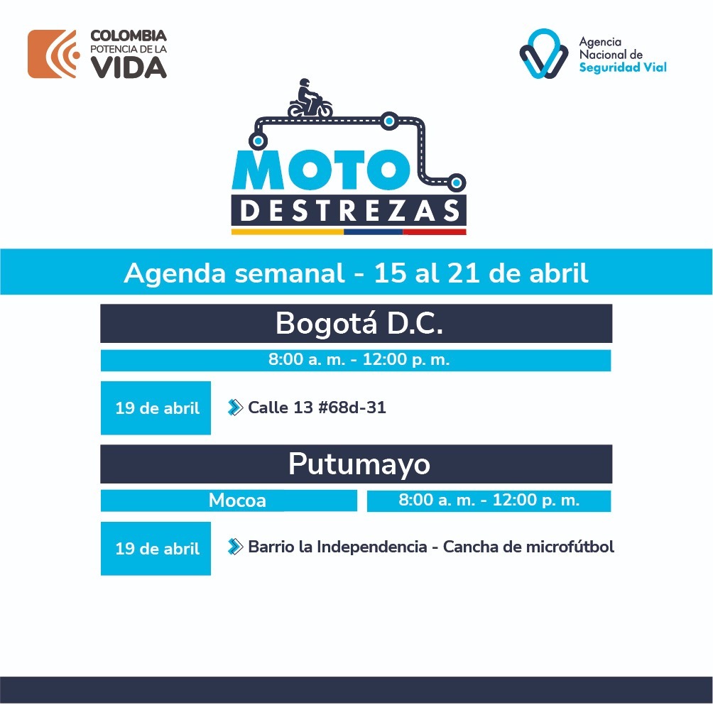 🇨🇴Seguimos recorriendo las regiones de #Colombia por la #SeguridadVial de las y los motociclistas ✅ ¡Participa en nuestras jornadas pedagógicas de #MotoDestrezas!🏍️🛣️ Ver programación en #Bogotá y #Mocoa aquí 👇🏼
