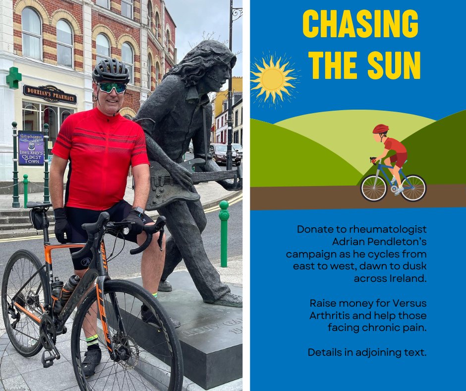 On June 22, rheumatologist Adrian Pendleton will attempt to cycle from one side of Ireland to the other, chasing the sun on the longest day to raise awareness and funds for those battling arthritis. You can donate via the following link - justgiving.com/page/adrian-pe…