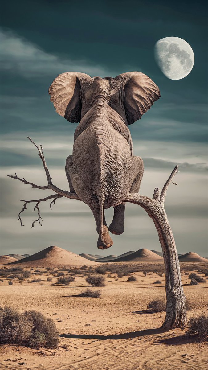 Prompt: A surreal depiction of an elephant, facing away the viewer, sitting on a thin, fragile looking bare tree branch, set against a serene desert landscape under a clear sky. Big elephant sitting on a tree branch in the desert with a moon in the background, surrealistic…