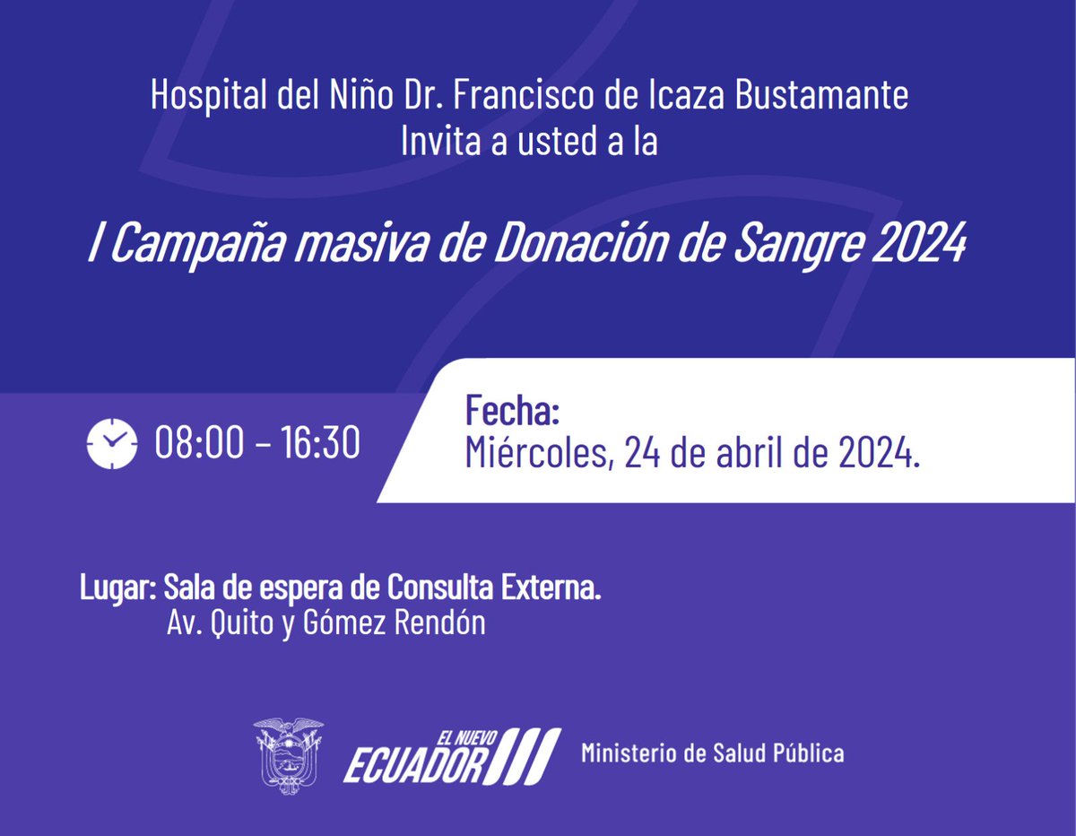 En el @HospitalFIB, de @Salud_Ec, queremos invitarte a participar de nuestra campaña de #DonaciónDeSangre 🩸.  Te esperamos ⬇️

🗓️ Miércoles 24 de abril 
⏰ De 8:00 a 16:30
📍Av. Quito y Gómez Rendón

¡Ven, dona y salva hasta tres vidas!