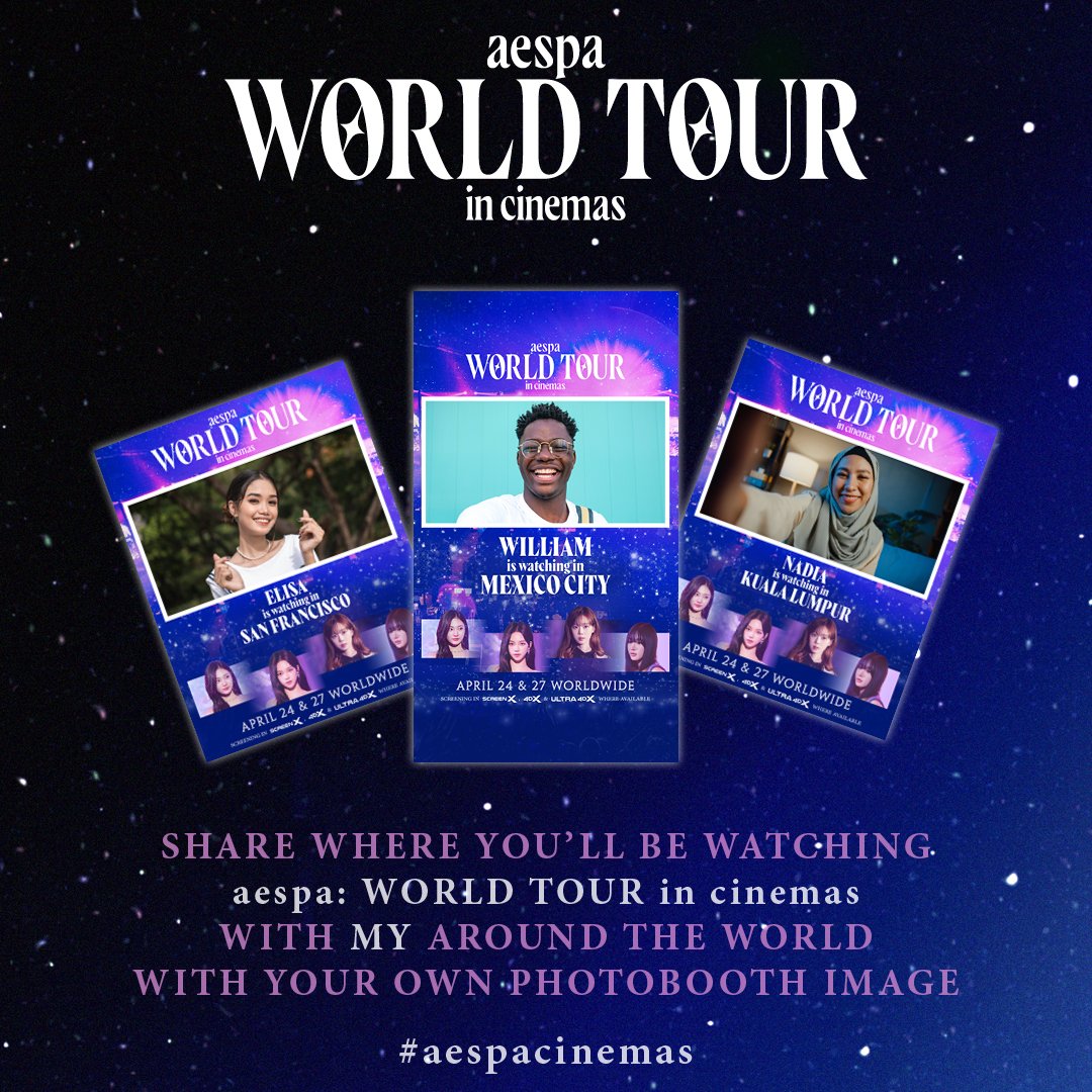 Next week on April 24 and 27, 'aespa: WORLD TOUR in cinemas' arrives worldwide! ✨ Share where you will be watching the movie with your own photobooth image using #aespacinemas Create yours at aespaworldtourincinemas.com/photobooth/ 💖