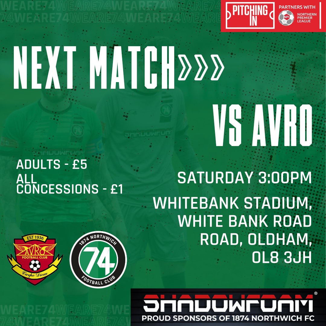 🗓️Off to Oldham on Saturday! We visit @AvroFC for our league fixture. Two games left, so let’s get behind Chris and the lads!