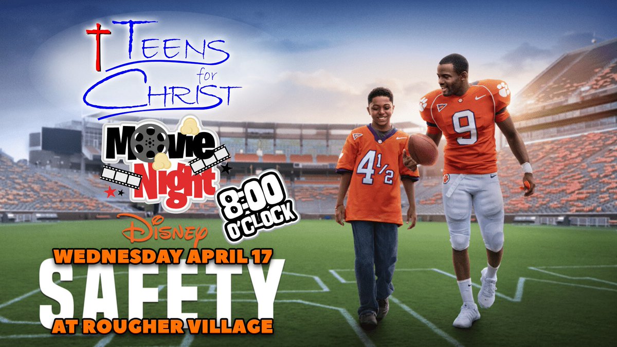 The Teens for Christ group at MHS is hosting a movie night at Rougher Village. The event will start at 8:00 PM and will feature the movie 'Safety.' In addition to the movie, we will open the night by broadcasting the Roughers Championship Football game at 5:45 PM. Come join us!