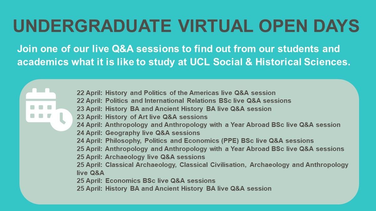 Join us from 22 April for our #UCLOpenDays 🎓 Meet our current students and staff and find out about what it is like to study with us 📚 Book your place: buff.ly/4cnzUAt @UCLanthropology @UCLarchaeology @UCLgeography @UCLHistory @UCLHoA @EconUCL @uclspp