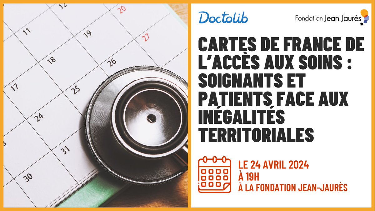 🔴 La Fondation et <a href="/doctolib/">Doctolib</a> présenteront une cartographie de l'accès aux soins pour dix spécialités. 

Avec <a href="/remi_branco/">Rémi Branco</a>, J. Favre, <a href="/agnesfirmin/">Agnès Firmin Le Bodo</a>, Jean-Urbain Hubau, G. Raymond, Emmanuel Vigneron, M. Villaceque &amp; <a href="/PascalMaurel/">Maurel</a>. 

🗓️ Le 24/04 à 19h 
✅jean-jaures.org/agenda/cartes-…