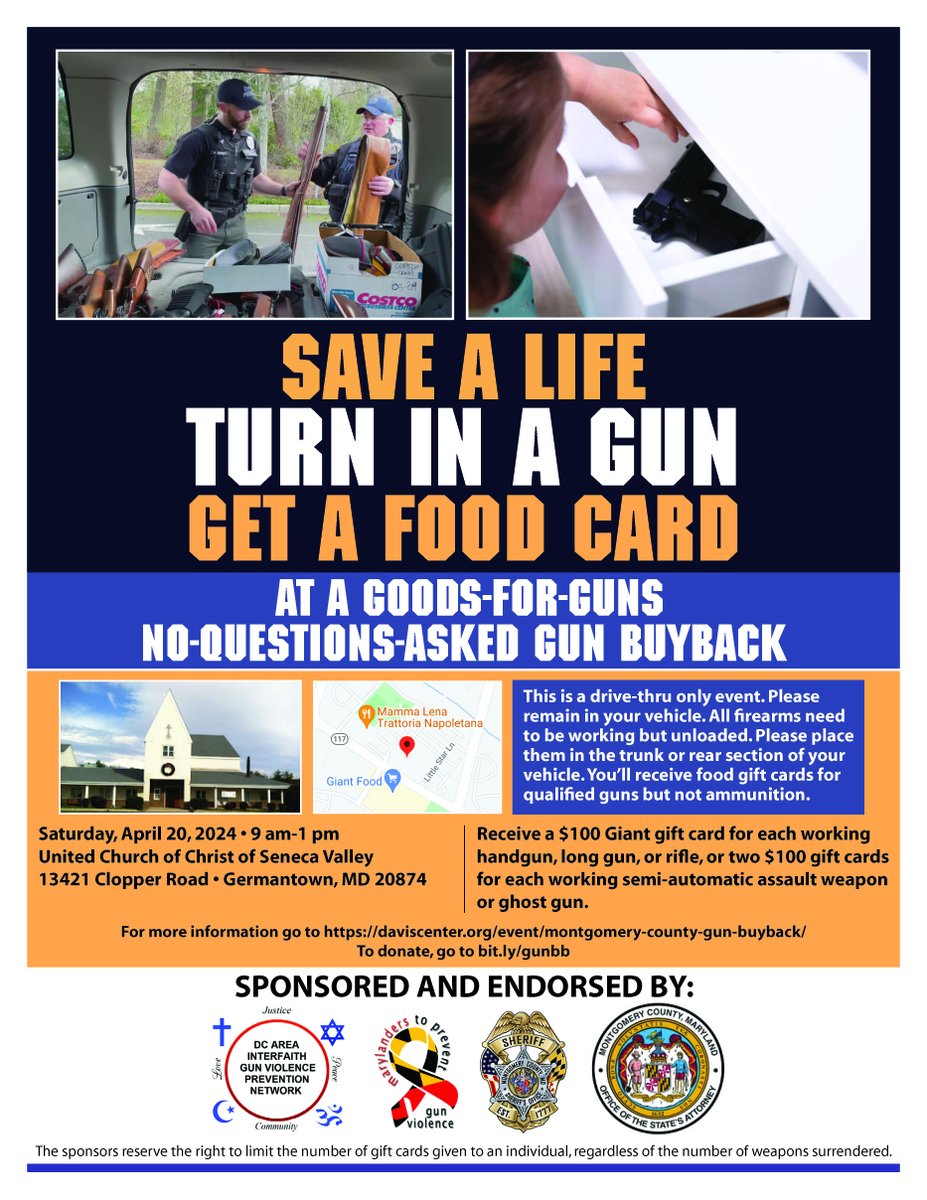 Join us for a gun buyback event on April 20 at United Church of Christ of Seneca Valley. Turn in your working guns, no questions asked and receive up to $200 in Giant gift cards. Drive-thru only, 9 am-1 pm. Save lives and get rewarded! More info: ow.ly/ow0750Ri8Oy