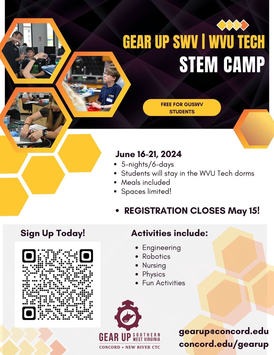 Sign up now for the GEAR UP SWV WVU Tech STEM Camp! This overnight camp is hosted at West Virginia University Institute of Technology. Registration closes on May 15th.  Use the QR code in the graphic or this link: wvu.qualtrics.com/jfe/form/SV_b7… .
#GEARUPSWV #GEARUPworks