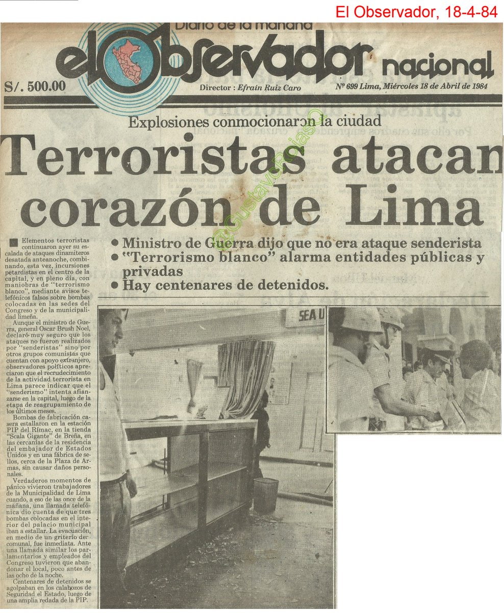 LA CRONOLOGÍA SANGRIENTA Y OCULTA Continúo difundiendo la cronología hecha por @ppmarino de los atentados cometidos por los grupos terroristas SL y MRTA. Un pueblo que olvida su historia está condenado a repetirla. #TerrorismoNuncaMás Semana del 15 al 21 de abril: (3/5)