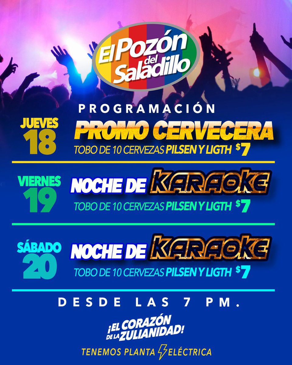 Compartimos nuestra programación para esta semana:
⭐️JUEVES 18: CERVECERO
🔥 PROMO:
🍺🍻Tobo de 10 Cervezas Pilsen por $7
⭐️VIERNES 19: Karaoke + Promo Cervecera
⭐️SÁBADO 20: Karaoke + Promo Cervecera
⏰Hora: 7PM
⚡Tenemos planta eléctrica⚡
¡Somos El Corazón de la Zulianidad!