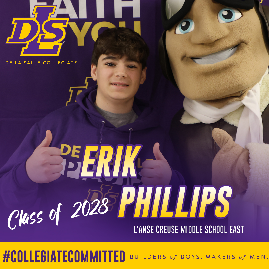 COLLEGIATE COMMITTED: We are excited to introduce Erik Phillips as the latest member of the Class of 2028 to be #CollegiateCommitted. He comes to us from L'Anse Creuse Middle School East. Welcome, Erik! #PilotPride #classof2028 #LasallianEducation