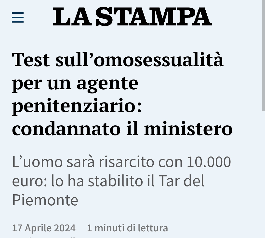 LuigiMastro_'s tweet photo. Un agente penitenziario era stato sottoposto a test psichiatrico per stabilire se fosse omosessuale, dopo una segnalazione. Come se fosse un disturbo.

Ora il Tar del Piemonte ha stabilito che l'agente dovrà ricevere un risarcimento dal ministero di Giustizia.

Italia, 2024. https://t.co/tJFFA9orks