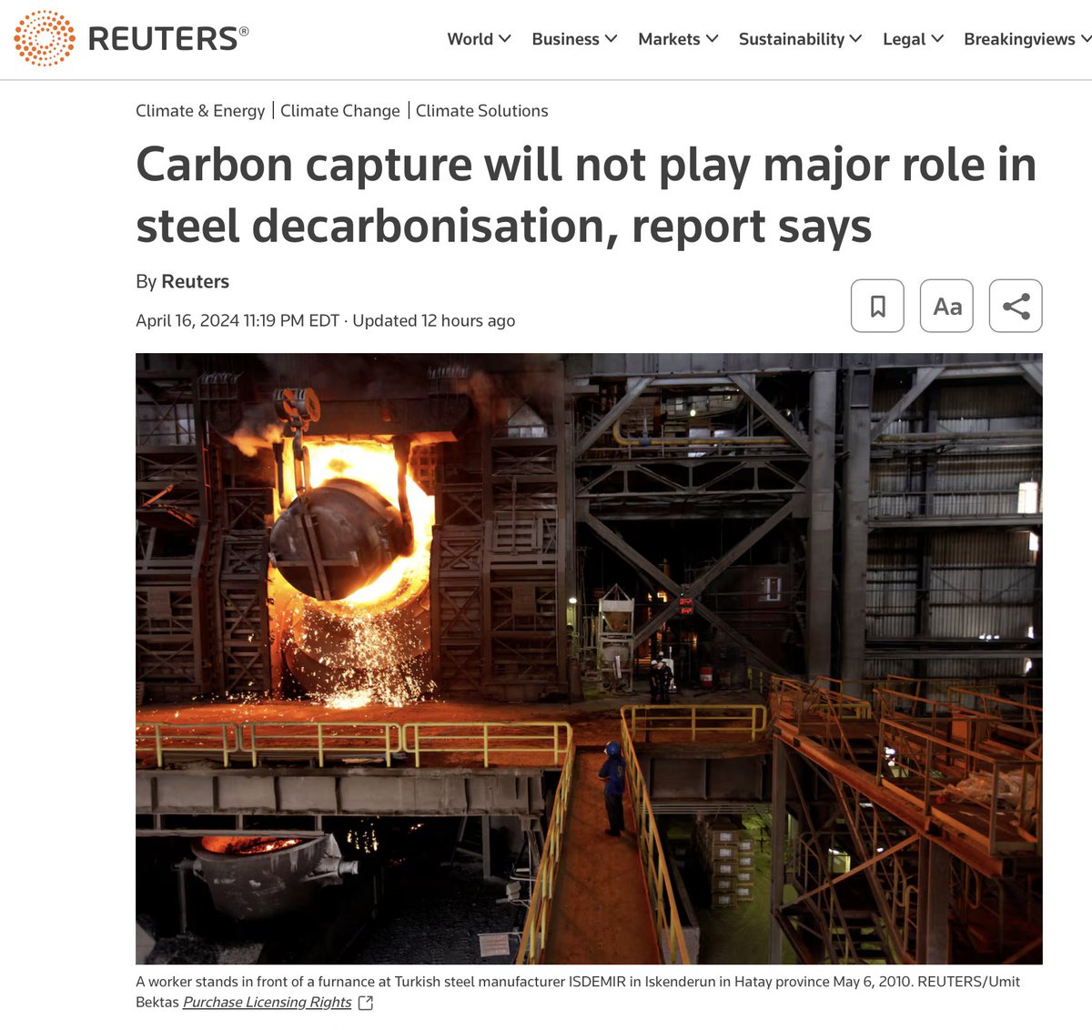 This applies to all CO2 capture efforts:

Carbon capture, utilization and storage (CCUS) is unlikely to play a major role in decarbonising the global steel industry due to low capture rates, high costs and a track record of underperformance.

reuters.com/business/energ…