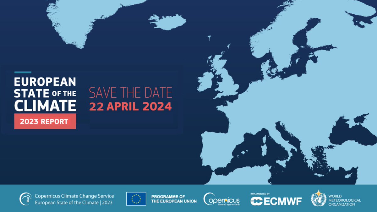 🌍📢On Monday next week, the European State of the Climate (#ESOTC) 2023 report will be released. In collaboration with @WMO, we'll provide an in-depth analysis of Earth's climate in 2023. Stay tuned for its launch on 22 April 👉bit.ly/3Jy2FgN