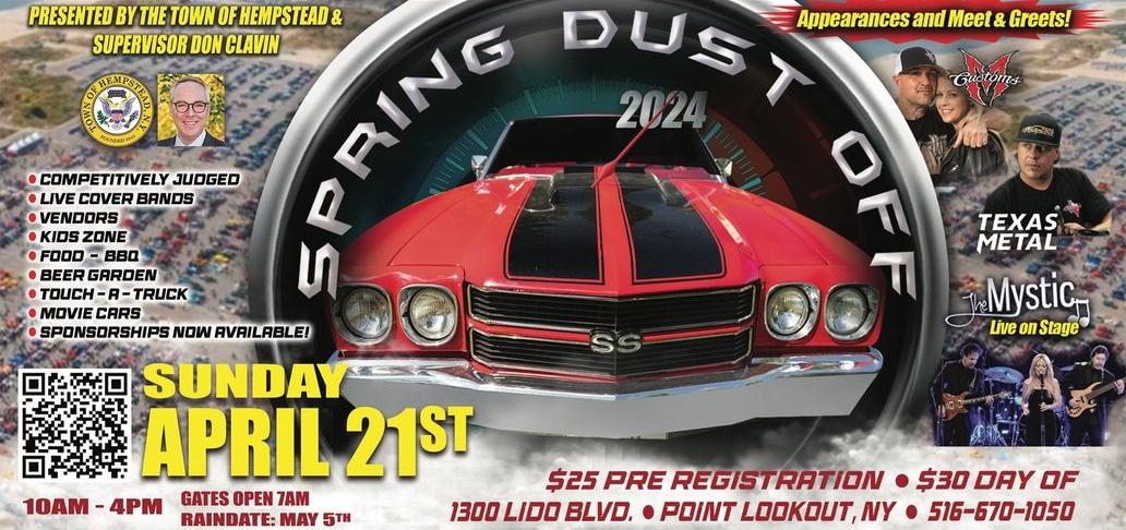 Start your engines! @TOHClavin and the Town Board invite you to the 2024 Spring Dust Off Car Show this Sunday, April 21st at Town Park, Point Lookout! 🚗 For more information and to register your vehicle, visit: townofhempsteadcarshows.com