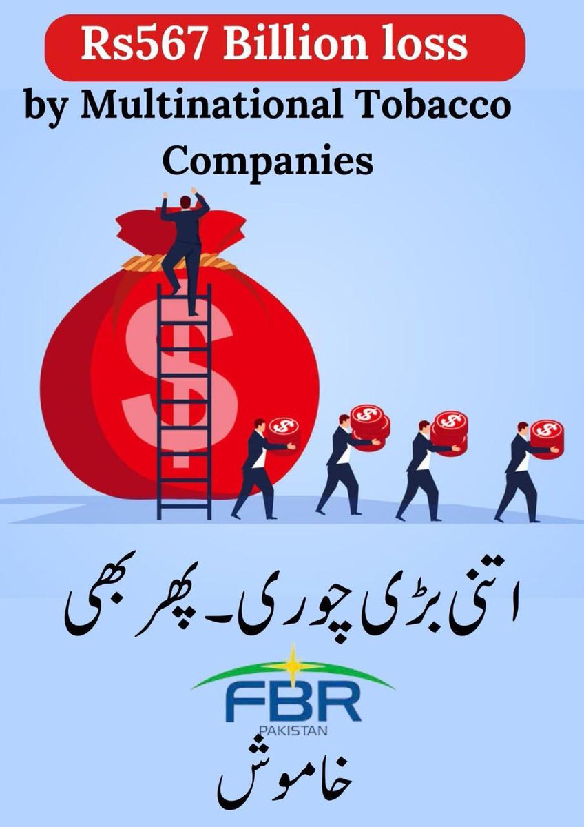 Usama77509's tweet photo. A huge loss of revenue of Rs 567 billion has resulted from the effect of PMI and BAT (PTC) on policymaking in Pakistan. Public health needs to take precedence over corporate profits now.
@FBRSpokesperson
#PakLoss_567Billions 
#Rs567 https://t.co/SoObOJD7Sl