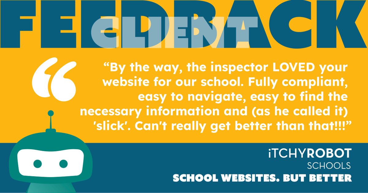 When you get feedback like this from an Oftsed inspector from one of our new schools - it really can't get better than that!

#schoolwebsites #schoolmarketing #ofstedcompliantwebsites #schoolwebsitebutbetter #itchyrobot #sbltwitter #educhat