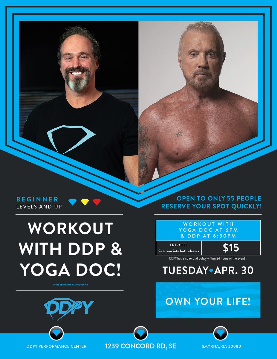 The next workout at the DDPYPC is happening on Tuesday, April 30th!💎💥 Workout with @RealDDP and Yoga-Doc 📷 in back-to-back classes! Workouts will be Beginner Level and 🔼 #DDPYworks #Smyrna #ATL #Marietta #DDPYPC ddpyogaworkshops.com/product/ddpy-p…
