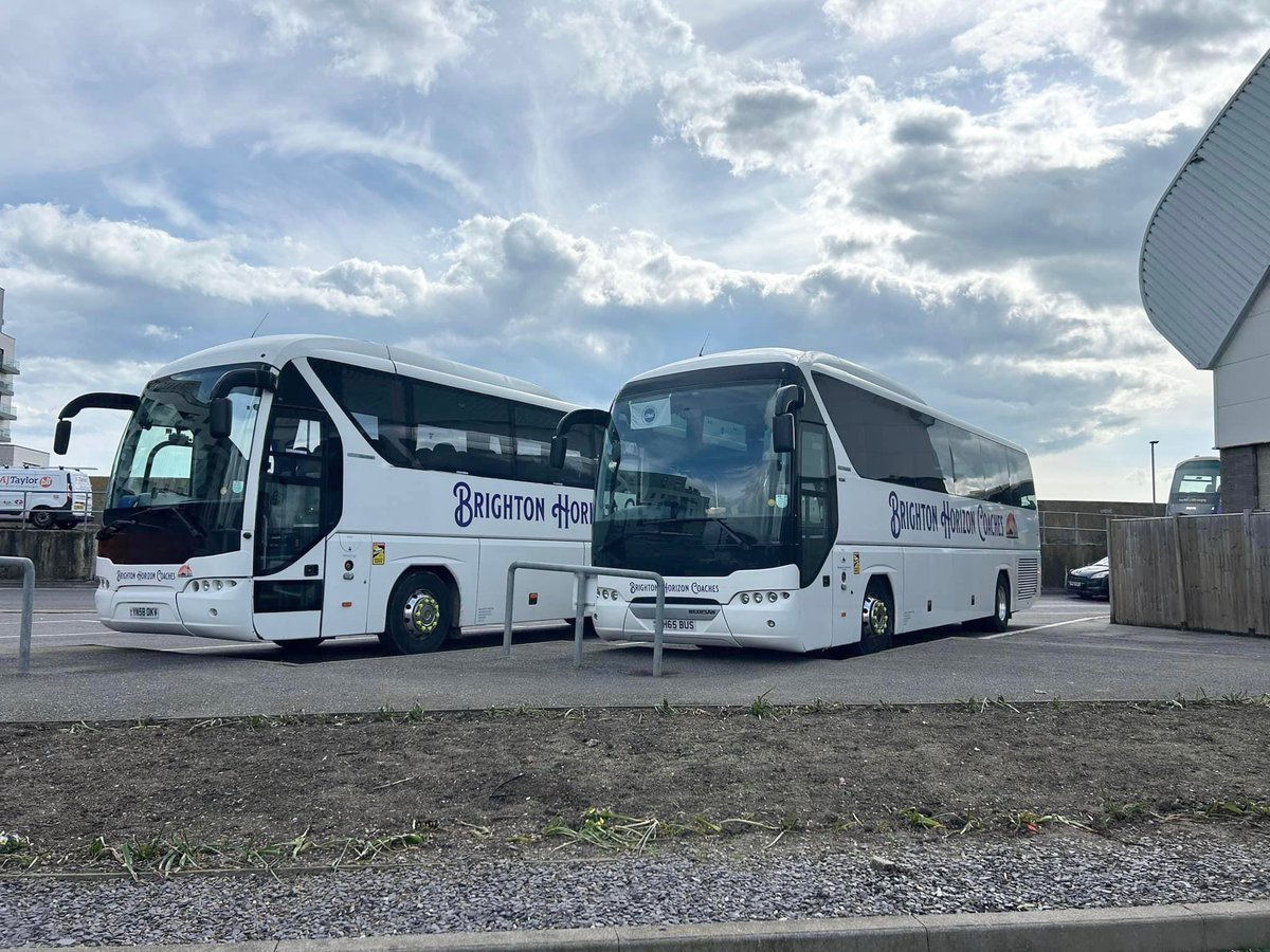 Both of our Tourliner coaches working together on a trip from Eastbourne to Brighton today and pictured here at Brighton Marina waiting for the return journey #brightonhorizoncoaches #bus #coach #brighton #neoplan #tourliner