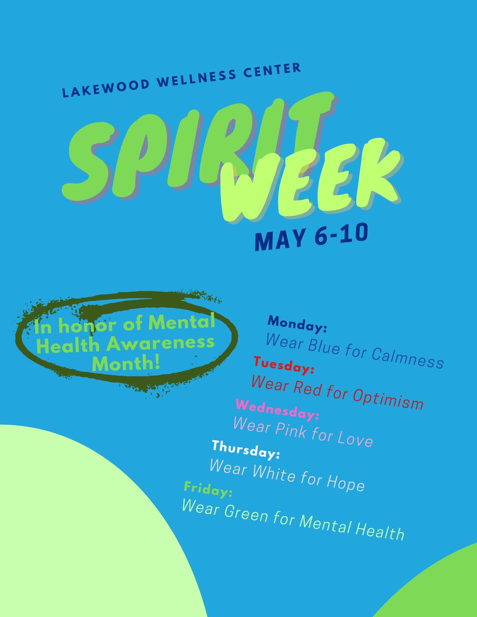 LANCERS! In two weeks we will be honoring Mental Health Awareness Month through a Spirit Week. Wear a different color each day!! Stop by the Wellness Center wearing the designated color and get a snack! #wellnesscenter #proudtobelbusd